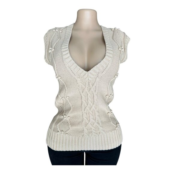 Ann Taylor Loft Beige Sleeveless Knit Sweater Vest With Cable & Pom Pom Detailin - Picture 1 of 4